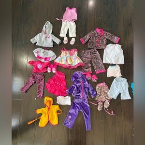 Assorted 18” doll clothes, shoes, and accessories Made